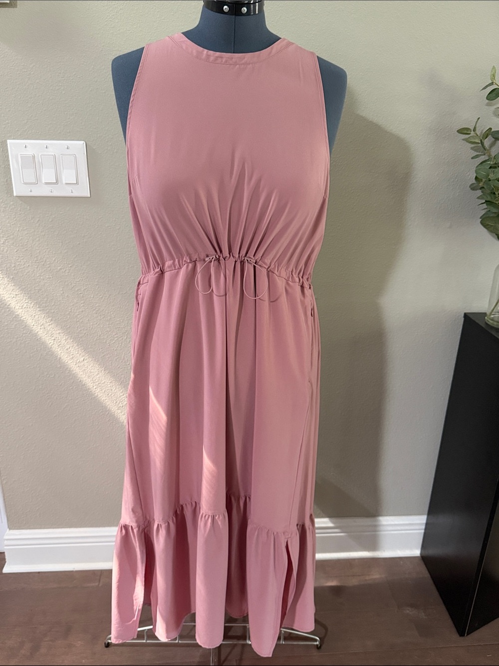 Sleeveless Rose Pink Drawstring Waist Maxi Dress